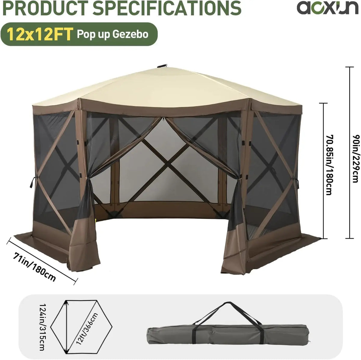 Aoxun 12x12ft Pop Up Canopy Tent 6 Sided Screen Tent With Mesh Windows And Carrying Bag Large Sunshade For Camping Backyard Courtyard Lawn Brown