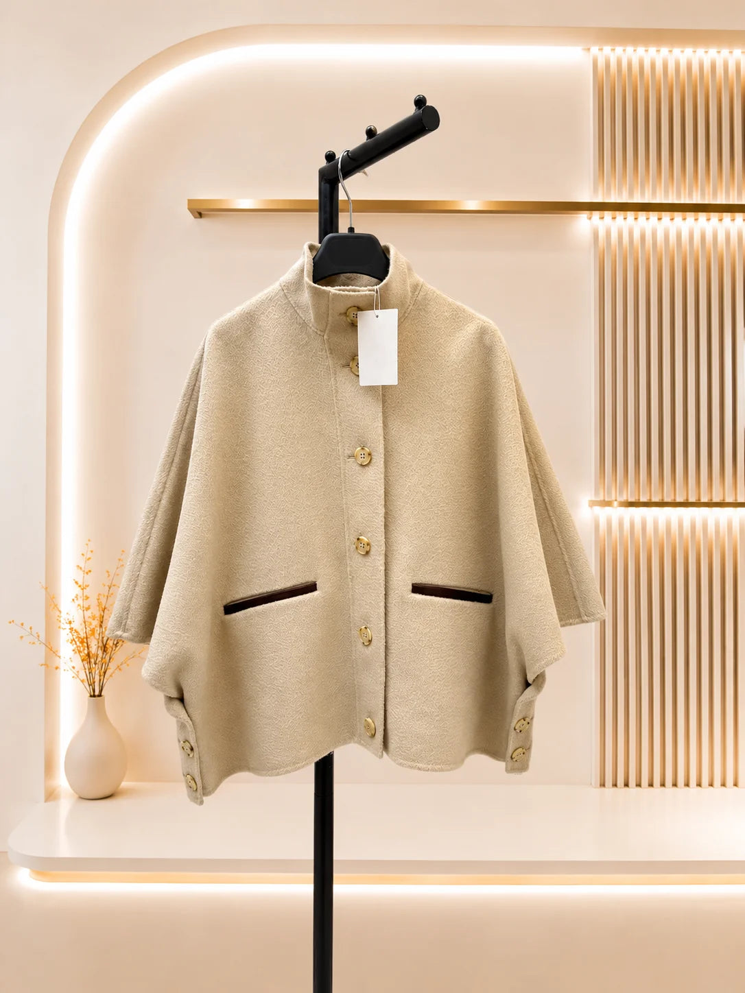 2026 Women Short Cape Jacket Custom Water Ripple Cashmere Fabric Soft Comfortable Pocket Contrast Leather Trim Irregular Drape