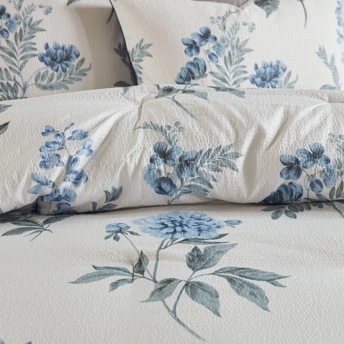 7 Piece Printed Seersucker Comforter Set with Throw Blanket Blue Full/Queen (Blue + Microfiber + Full)'