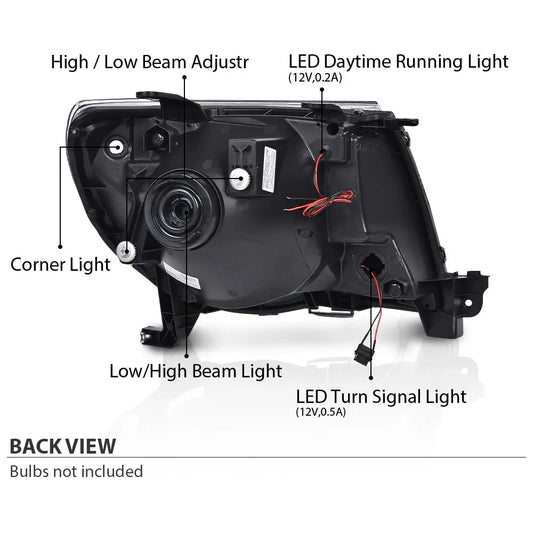 1 Pair Led Tube Drl Projector Headlights for 05-11 Toyota Tacoma Black Housing Clear Lens To2502157,To2503157,To2503181