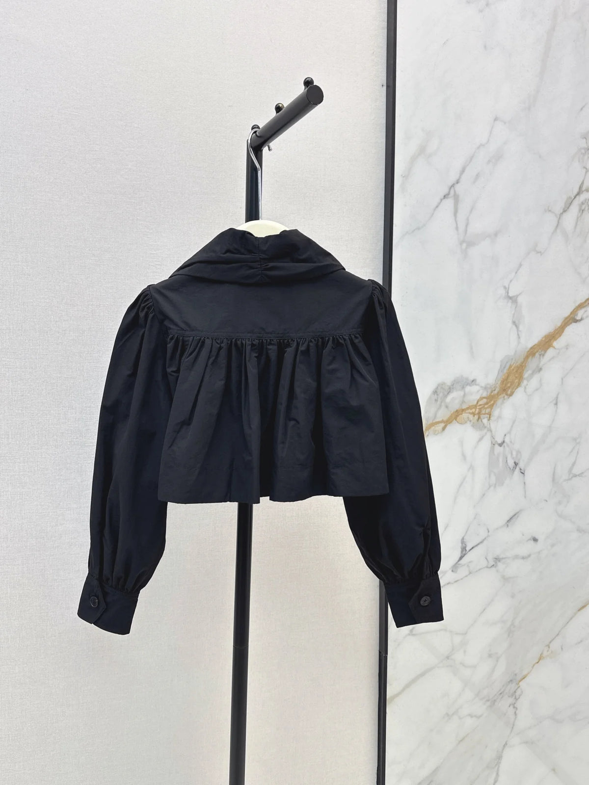 2026 Women Jacket Lapel Collar Ruffle Detail Cropped Open Front Long Sleeve Outerwear Trench‑Like Woven Texture