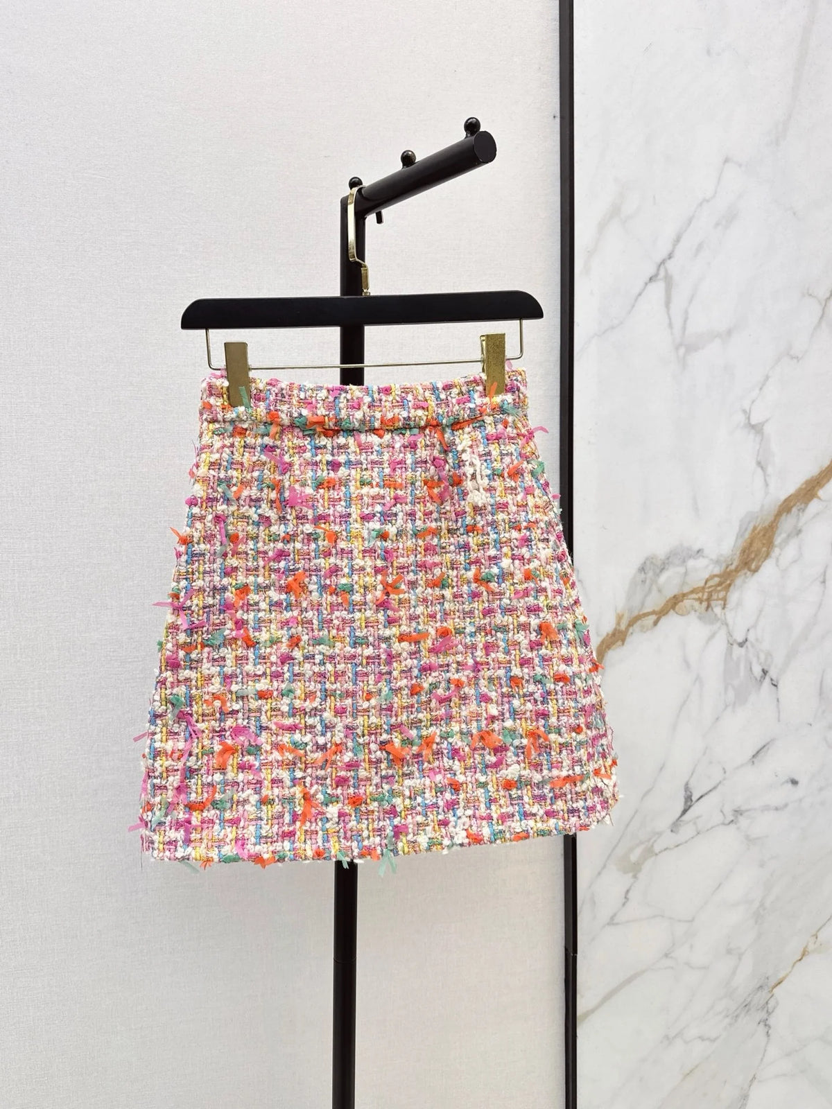 2026 Women Tweed Two Piece Set Contrast Doll Collar Wool Blend Fabric Multi Yarn Woven Cropped Jacket A Line Skirt Outfit