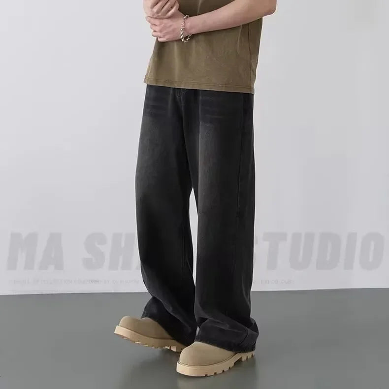 Men's New Denim Pants Old Blue Black Washed Spring Autumn Male Jeans Straight Casual Menwear Loose Wide Leg Trousers New Fashion