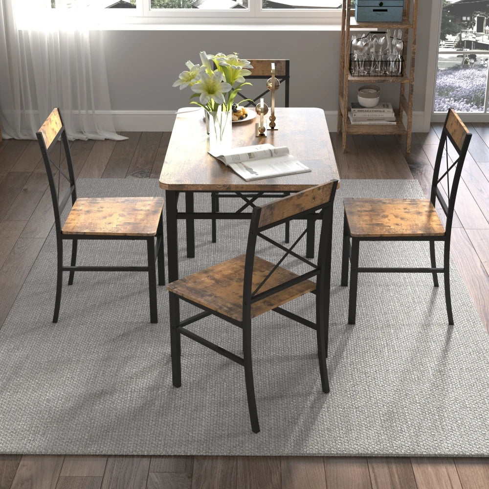 Orraves Dining Table Set for 4, Wood Kitchen Table with Chairs Dinning Table Set for Kitchen & Dining Room, Compact Dining Set for Small Spaces, Rustic Brown