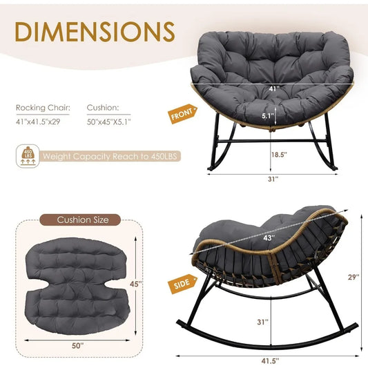 Outdoor Papasan Rocking Chair with Padded Cushion, All-Weather Patio Egg Rocker, Large Rattan Glider Indoor, Wide Cozy