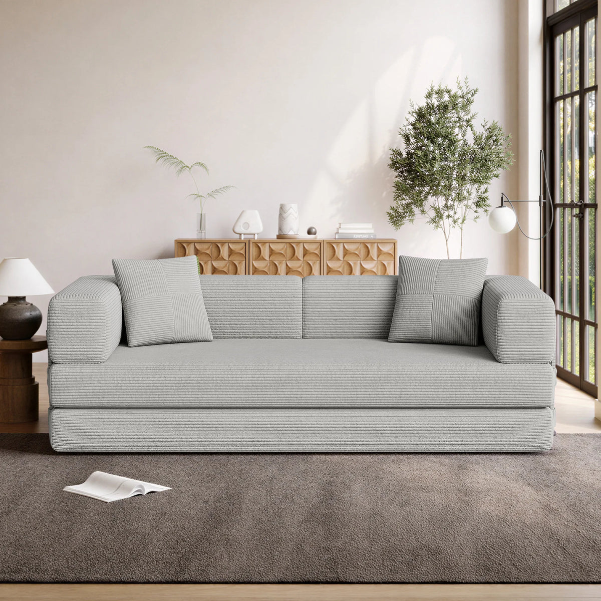 Modular Floor Sofa Frameless Compression Straight Couch 3 Seater Convertible Lazy Sofa High Density Foam Corduroy Upholstered Living Room Apartment Furniture