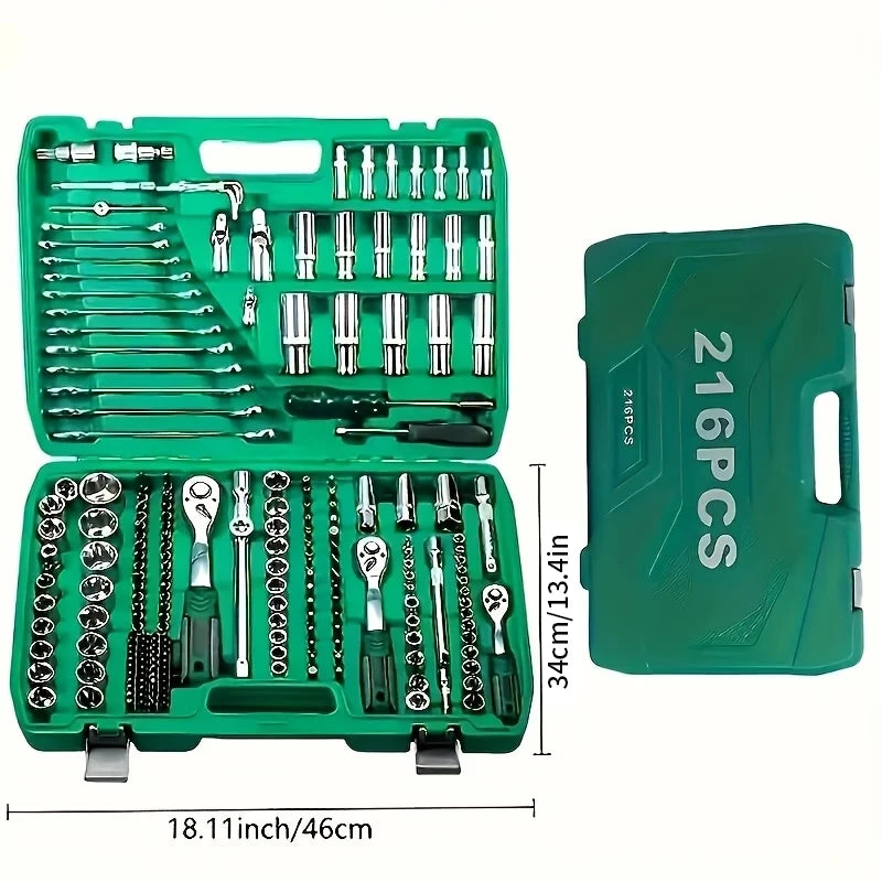 High End Professional 216 Tool Set, 1/4" 3/8" 1/2" Drive Depth, Ratchet Wrench Set, CR-V Material, Automotive Parts Repair Quick Ratchet Wrench and Other Automotive Repair Parts, Professional Racing Grade Repair Tool Set