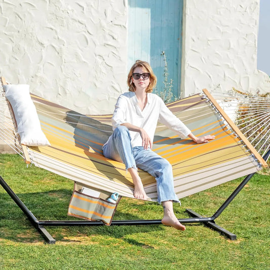 Waterproof Double Hammock with Stand, 2 Person 55'' Large Quick Dry Textilene, Outdoor Heavy Duty for 475lbs Capacity