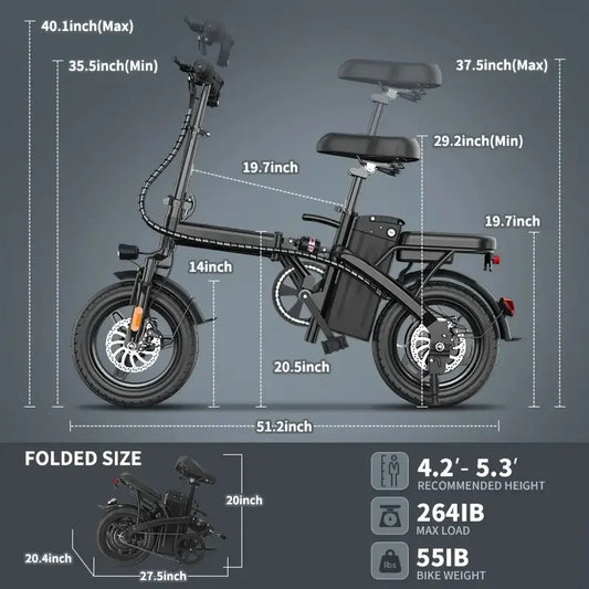 14" Folding Electric Motorcycles Mountain E Bike for Adults, 450W Peak Motor Ebike 19Mph 21Miles 48V 10.4AH Electric Bicycle