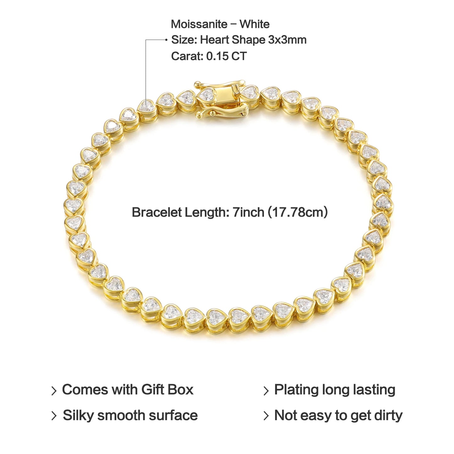 GEM'S BALLET Heart Shape 3x3mm Moissanite Bezel Set Tennis Bracelet 925 Sterling Silver 14K Gold Stackable Bracelet Gift for Her