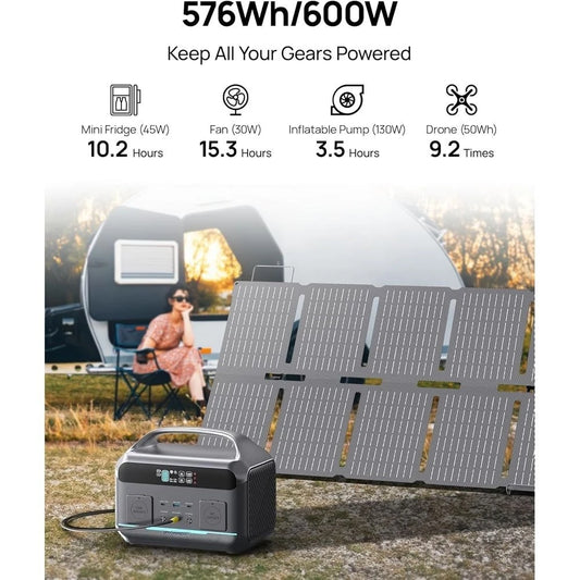 600W Portable Power Station with 100W Solar Panel, 576Wh LiFePO4 Battery, 1-Hour Fast Charge, USB-C PD, Ideal for Outdoors and E