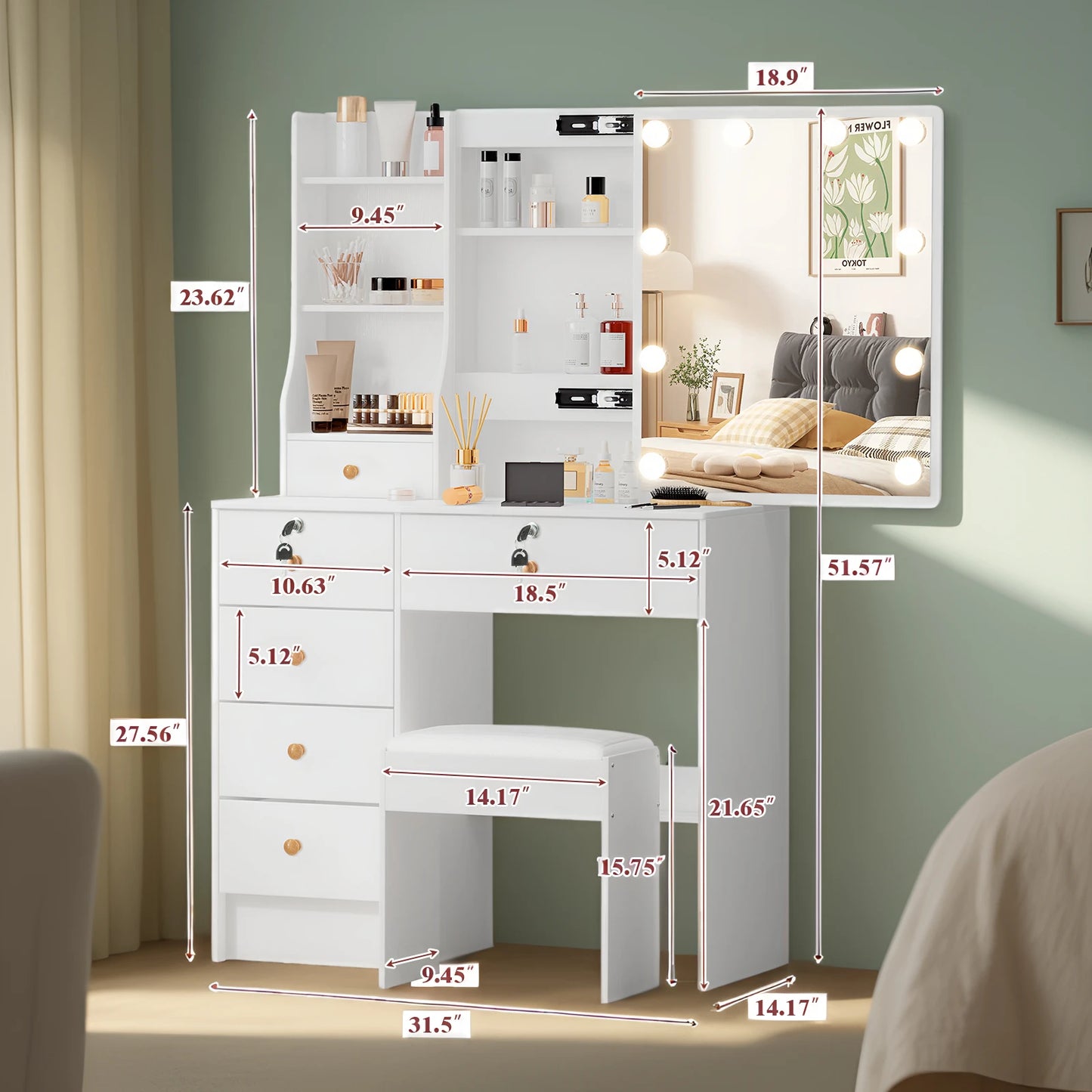 Dressing Table w/ LED Mirror & 6 Drawers White Vanity Dressing Table Stool Set