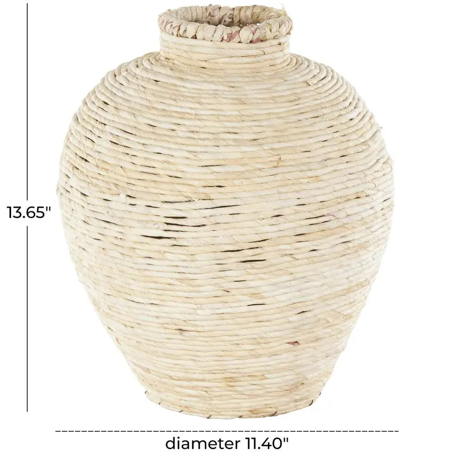 Bamboo Wood Handmade Decorative Vase Wrapped Pot Centerpiece Vase, Vase for Home Decoration 11 x 11 x 14, Cream