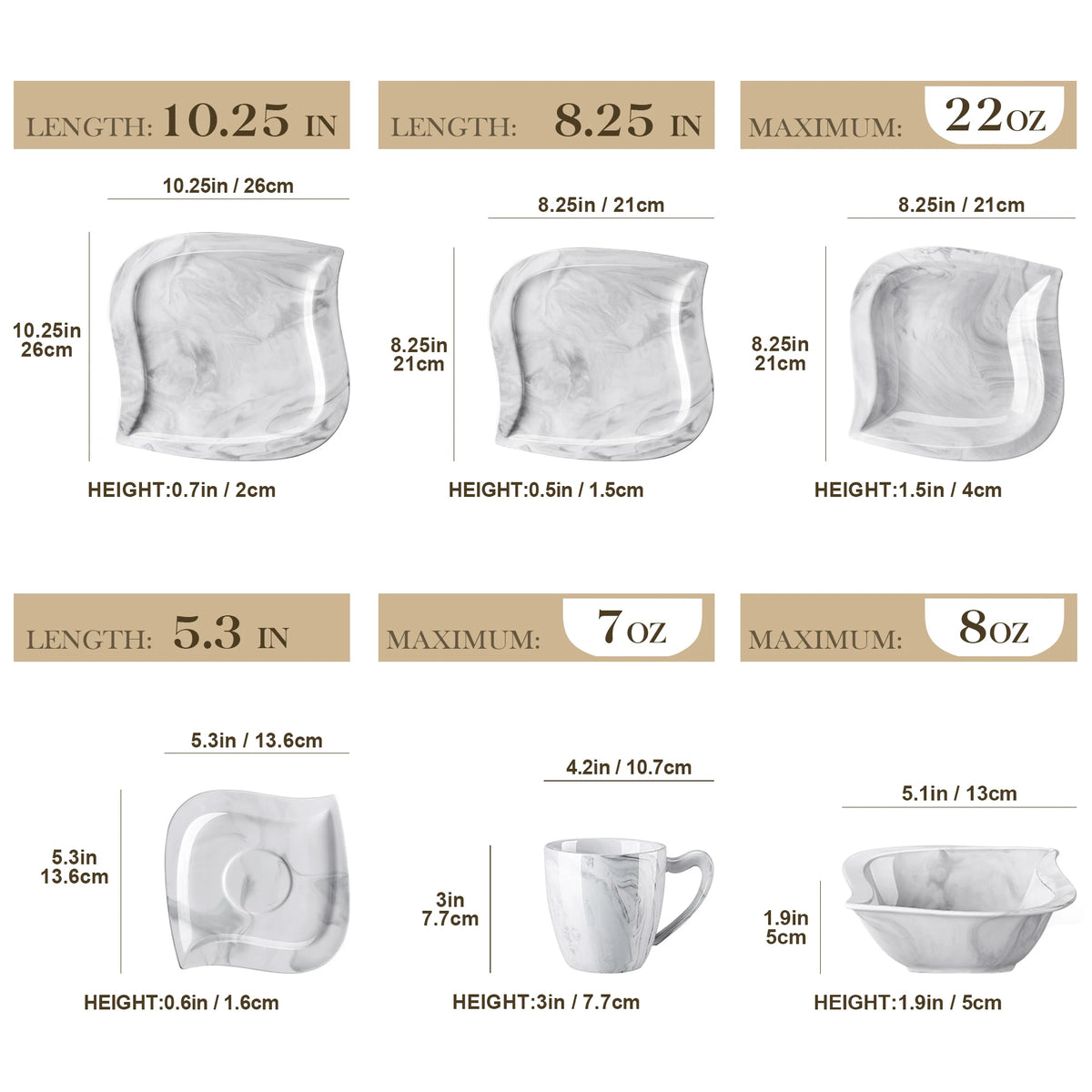 MALACASA 36 Piece Ivory White Marble Grey Dinnerware Set Ceramic Plates Set with 6pcs Dinner Plate/Dessert/Soup/Cup/Saucer/Bowl