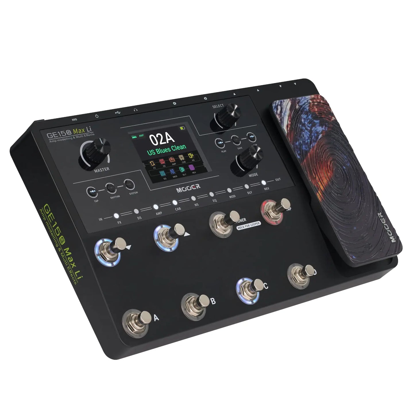 MOOER GE150 Max Li Guitar Multi Effects Pedal 55 Amp Models 200 Presets 9H Battery IR Loader 4 Footswitches for Live Performance