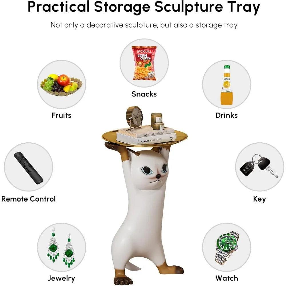 Whimsical Cat Statue Accent Table with Gold Tray, Resin Animal Side Table for Living Room, Bedroom, Entryway