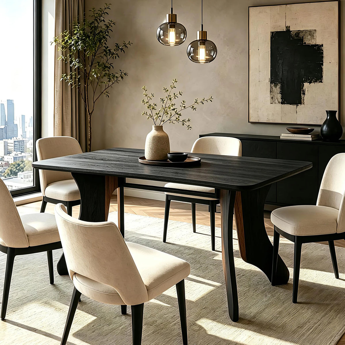 63 Inch Rectangular Dining Table For 4-6, Modern Farmhouse Kitchen Dinner Table With Antler Style Legs And Rounded Edges For Home Office