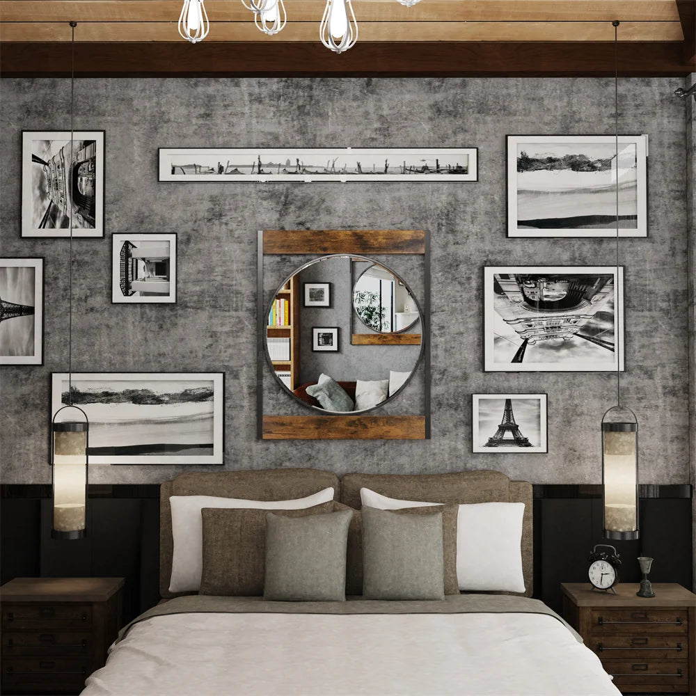 LUVODI Industrial Retro Decorative Wall Mirror Round Accent Mirror with Square Wood Frame for Wall Decor