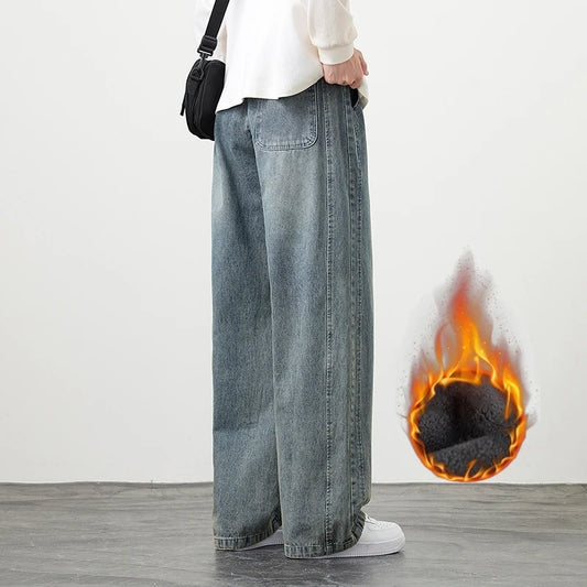 Winter Velvet Wide Leg Denim Jeans Men's Casual Loose Trousers Neutral Outdoor Fashion Pants Big Size 8XL