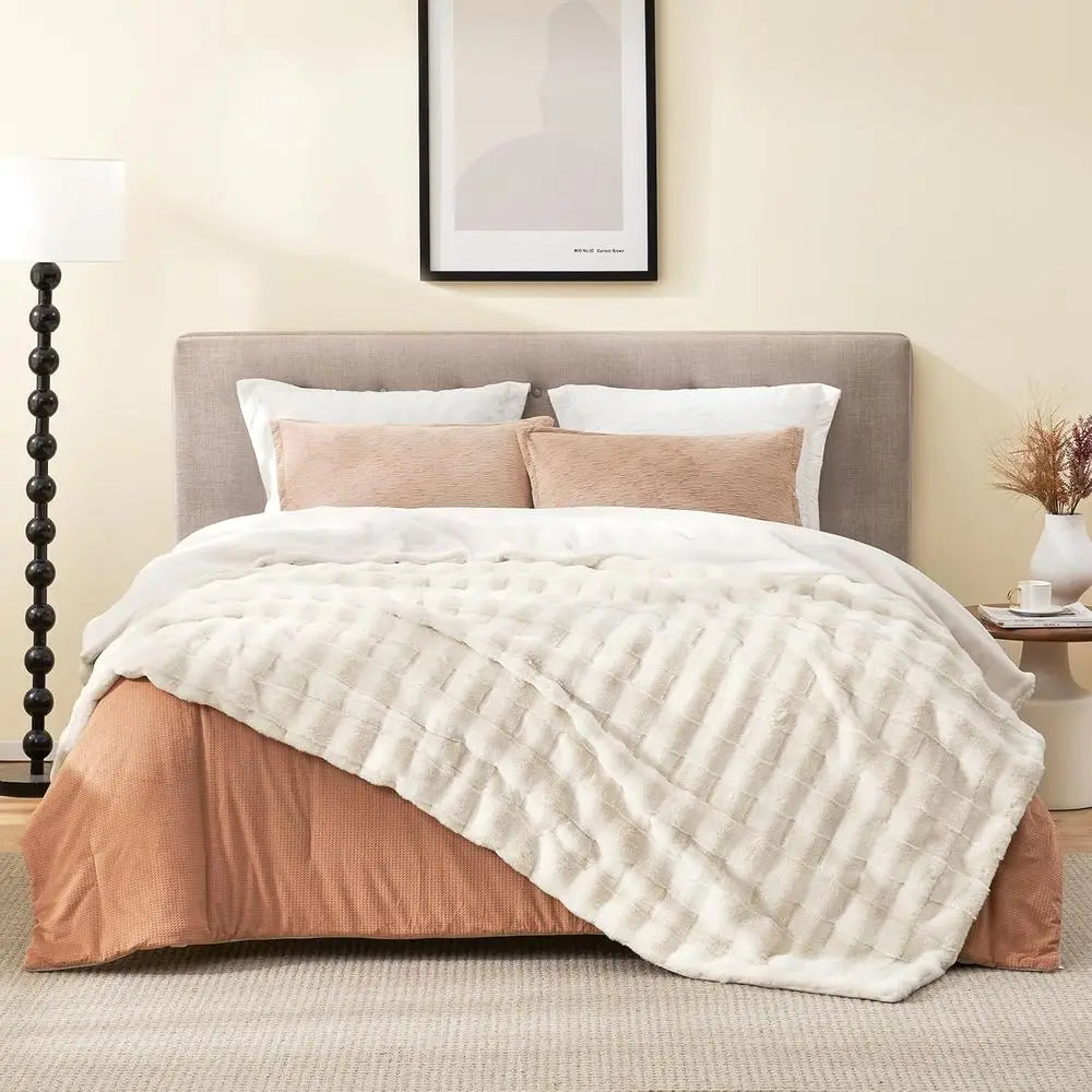 Faux Fur Blanket Queen Size for Bed, Soft Striped Plush Blanket, Thick Throw for Bedroom Couch Gift, 90x90 Inches Cream White