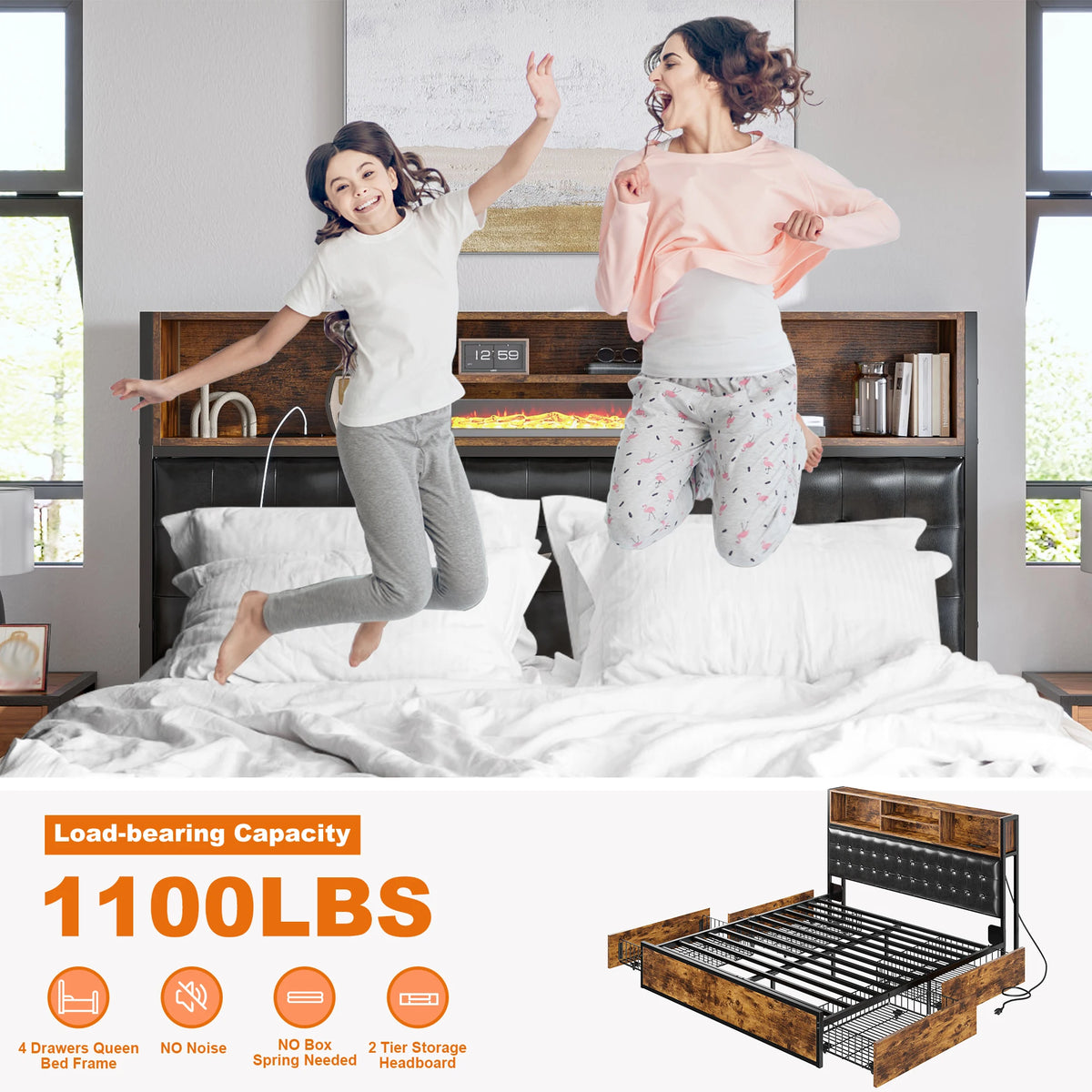 EnHomee Full/Queen/King Bed Frame with Charging Station and 4 Storage Drawers Platform Bed Frame with Upholstered Headboard No Noise