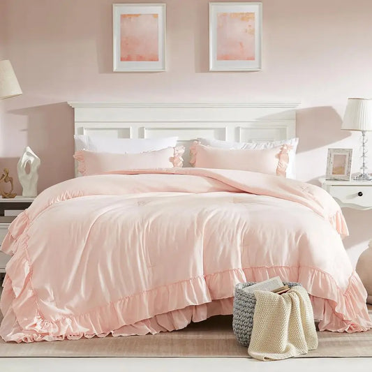 Blush Pink Comforter Set Queen, 3Pcs Comforters Queen Size Ruffle Farmhouse Bedding Sets Queen with Comforter, Lightweight Soft