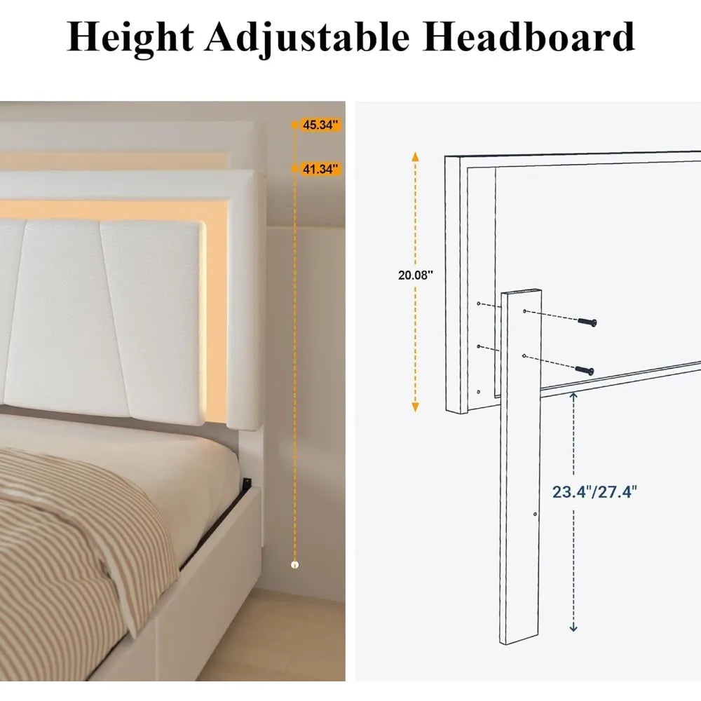 Full Bed Frame with 4 Storage Drawers and Adjustable Headboard, Upholstered Platform Bed with LED Lights and USB Ports, Solid Wo
