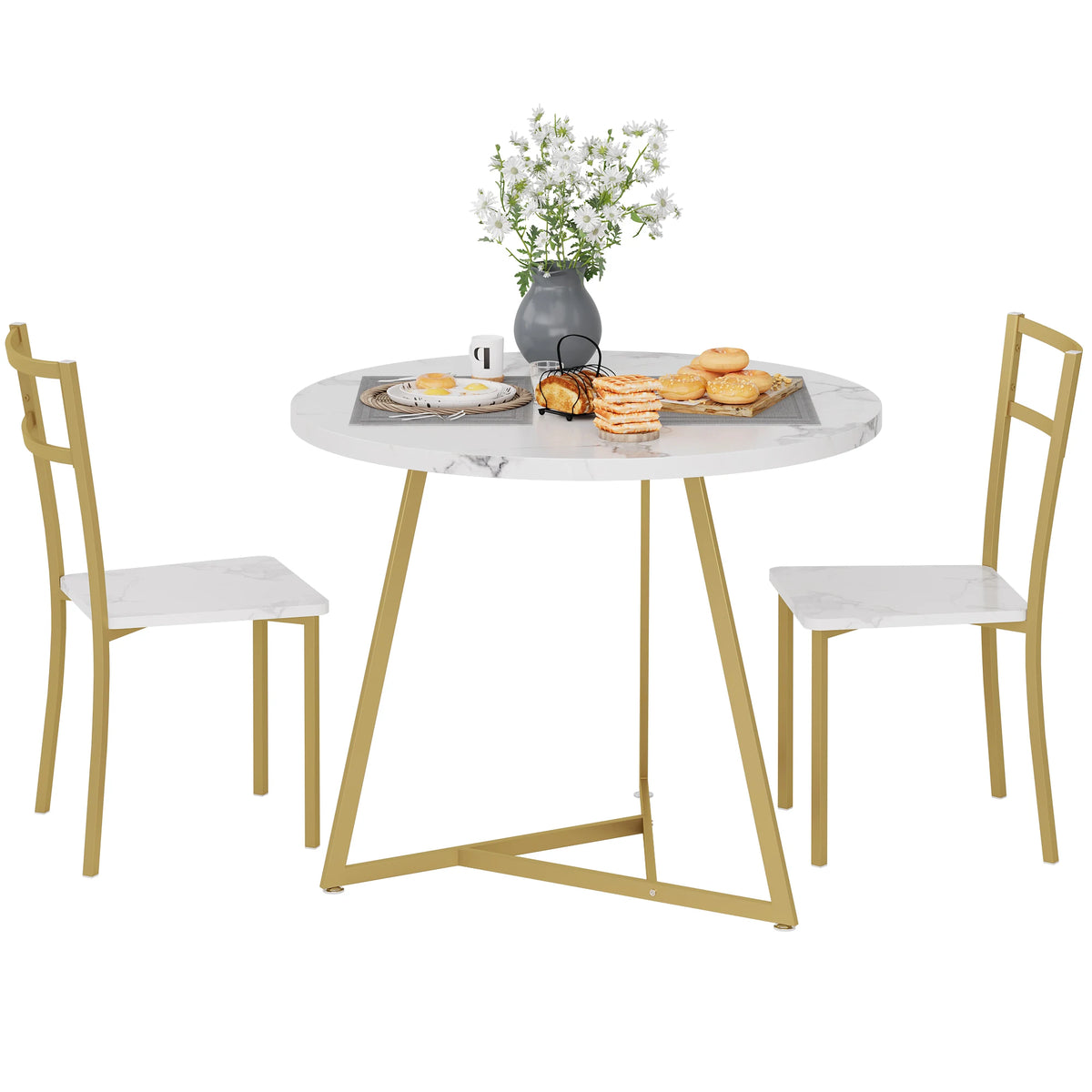 Dining Table Set for 2, Round Kitchen Table and PU Padded Chairs, 3 Piece Dining Room Table Set,Coffee Table and Chair Round Office Conference Reception Coffee Table for Kitchen