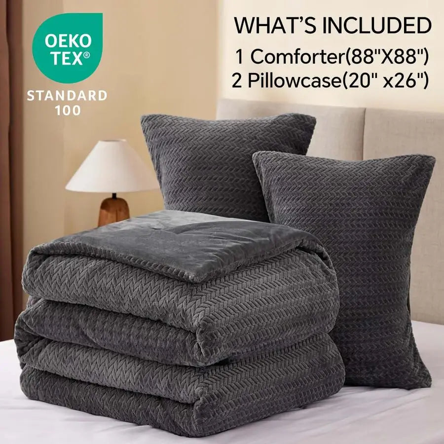 Flannel Fleece Queen Comforter Set Furry Grey Leaves Pattern Faux Fur Bed Set, Winter Ultra Soft Fuzzy Comfort Set, Velvet Beddi