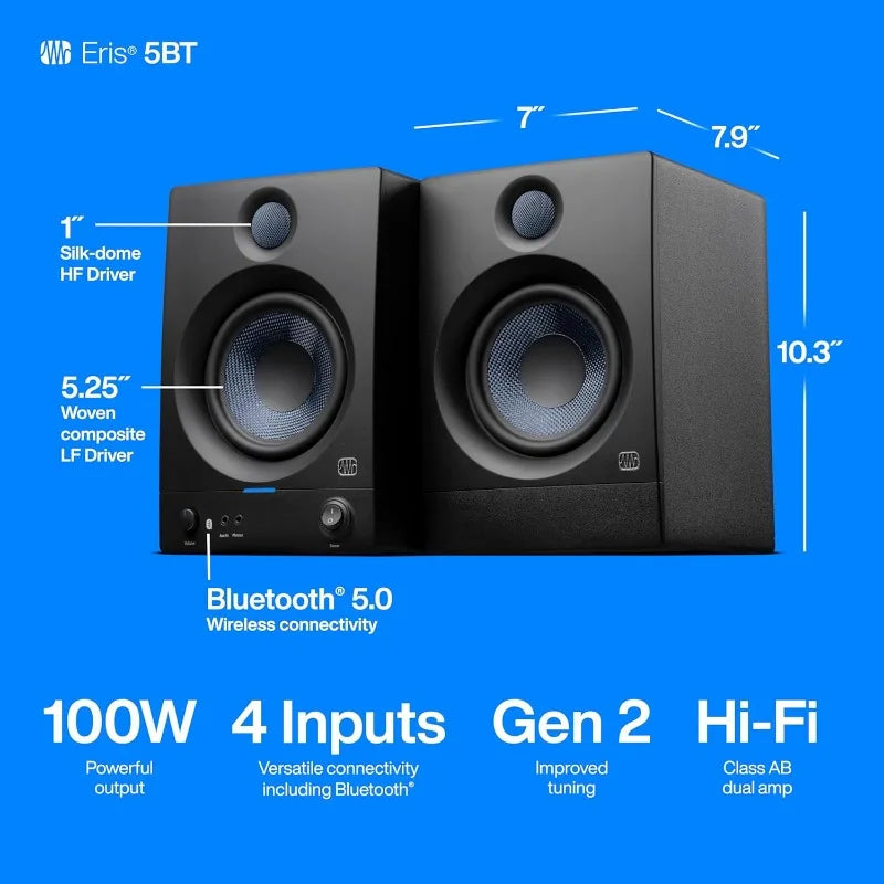Eris 5BT Bluetooth Studio Monitors, Pair — 5" Powered, Active Monitor Speakers for Near Field Music Production, Audio Mixing
