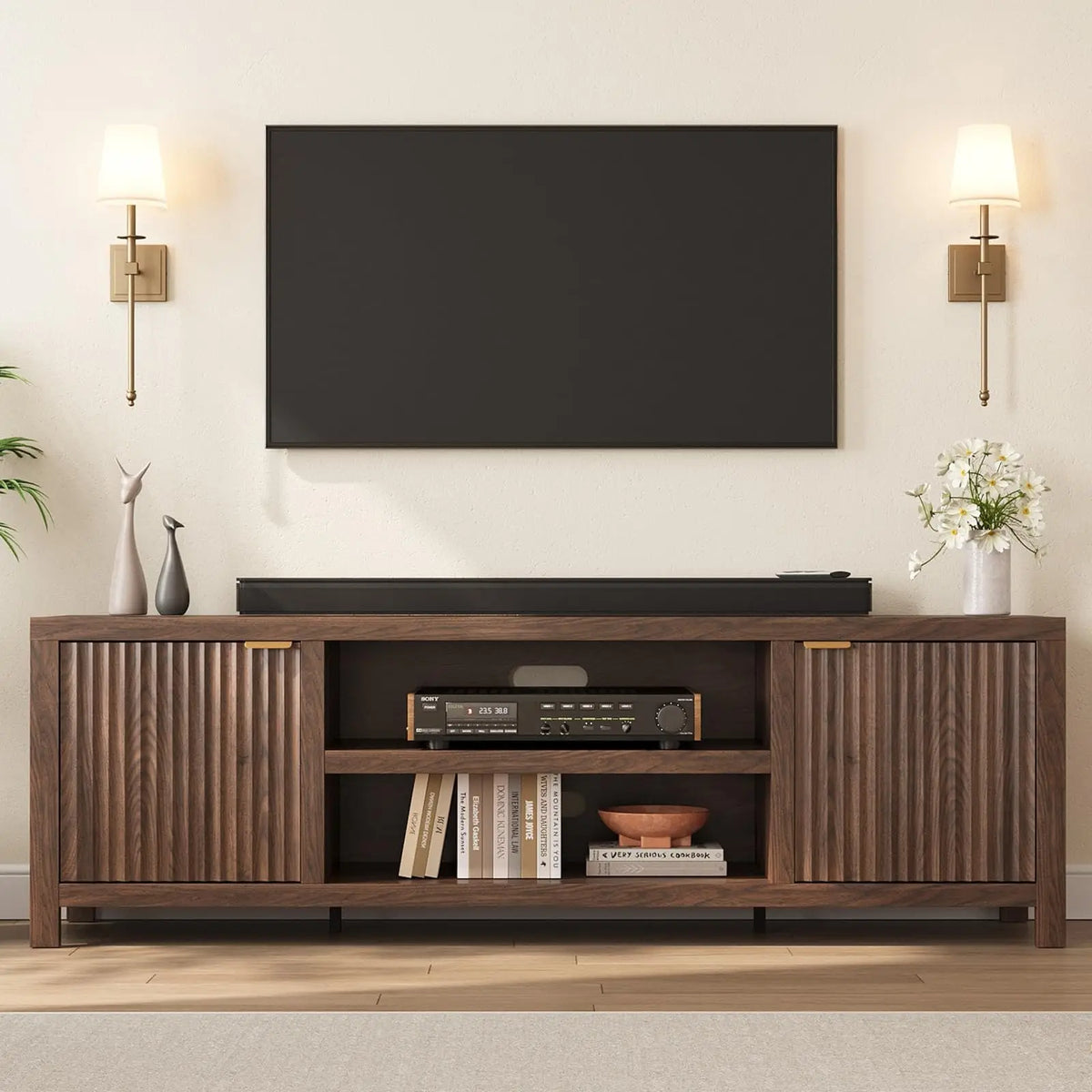 Fluted TV Stand for 75+ Inch TV, Modern Entertainment Center with 2-Tier Storage & Adjustable Shelves, Media Console Cabinet with 2 Fluted Doors & Gold Handles for Living Room Bedroom
