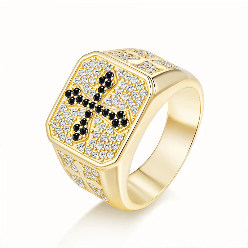 Men's S925 Silver Ring with 2CT D-Color Moissanite & Black Zircon Cross Design 18K Gold Plated Luxury Party Jewelry