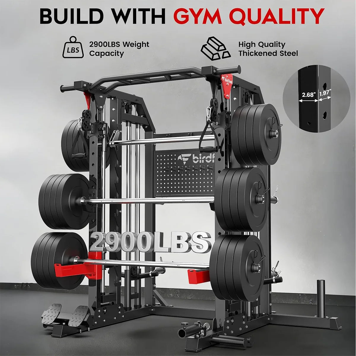 Pooboo Power Cage Multi-Function 2000LB Dual Pulley Cable Crossover | Home Gym Squat Rack Featuring LAT Pulldown, Power Rack & Strength Training Attachments, Pegboard