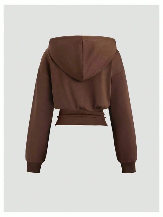 Sweetra Women's Brown Hooded Cinched Waist Long Sleeve Sweatshirt, Autumn/Winter