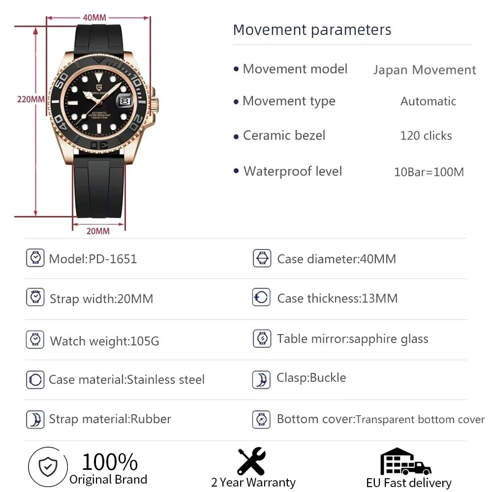 2026 V2 PAGANI DESIGN 40MM Rose Gold Yacht Luxury Men Mechanical Watch Rubber Strap AR Coated Sapphire Glass Stainless Steel 100M Waterproof Men Automatic Watch Gift Watches