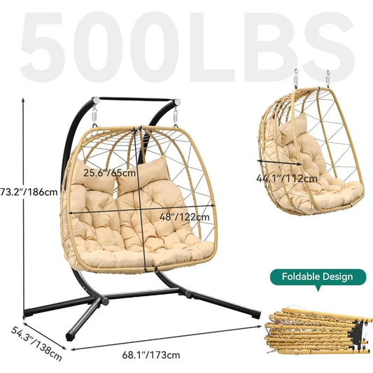 Patio Love Seat Double Egg Chair with Stand, 2 Person Couple Wicker Rattan Chair Outdoor Egg Chair with Cushion 500 Lbs, Beige