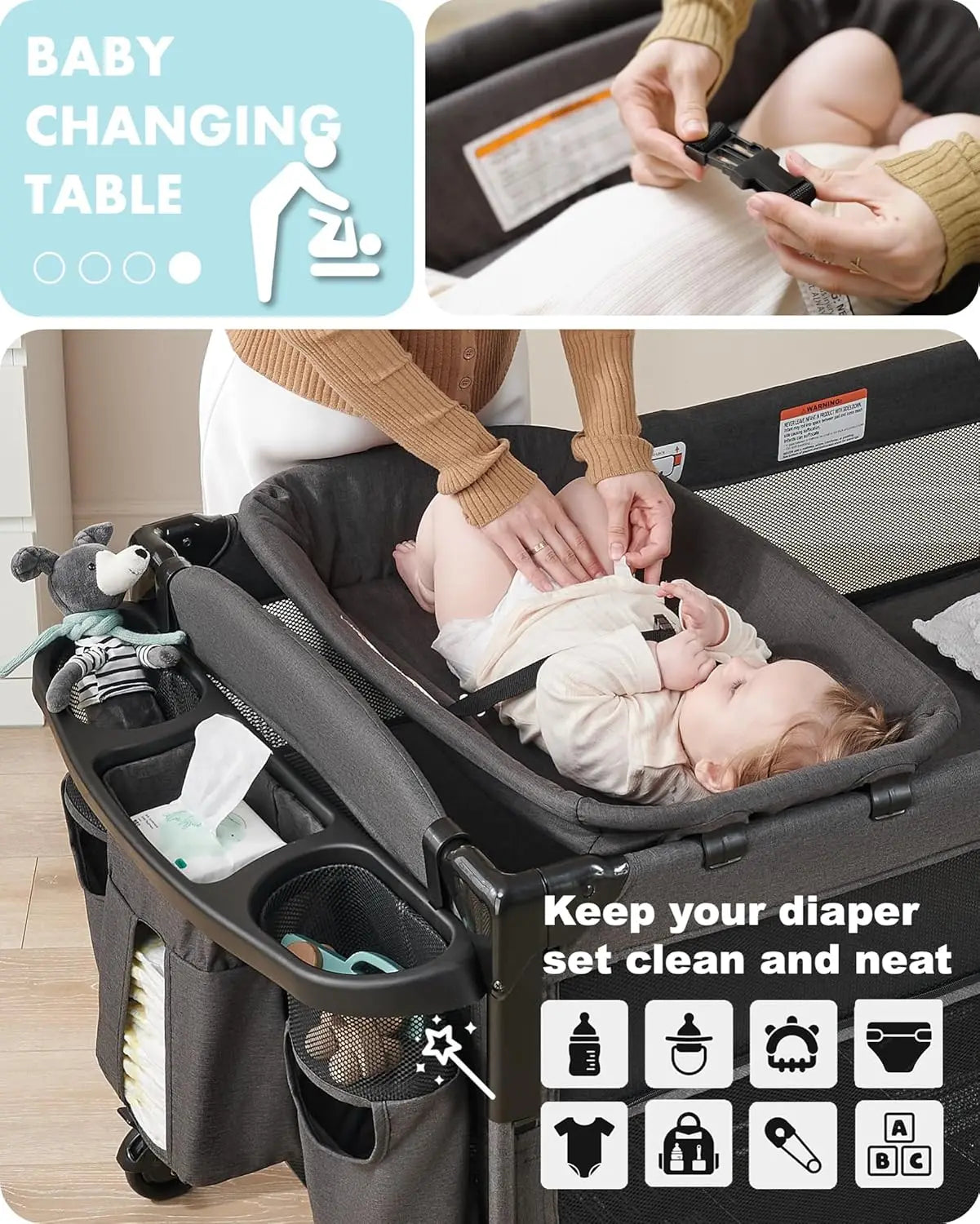 4-in-1 Baby Bassinet Bedside Sleeper with Changing Table, Playard & Wheels for Newborns