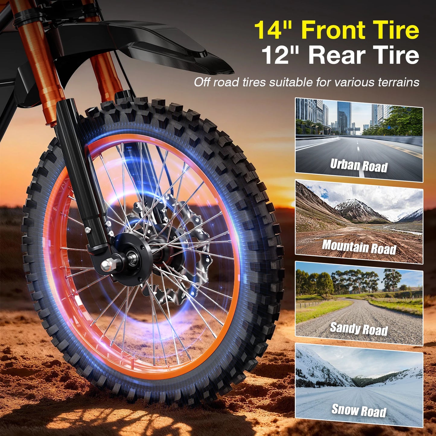 Electric Motorbike for Adult - 3000W Motor, 37.5 MPH,60 Mile Range,14inch Electric Mountain off-road Motorcycle, Electric Bike