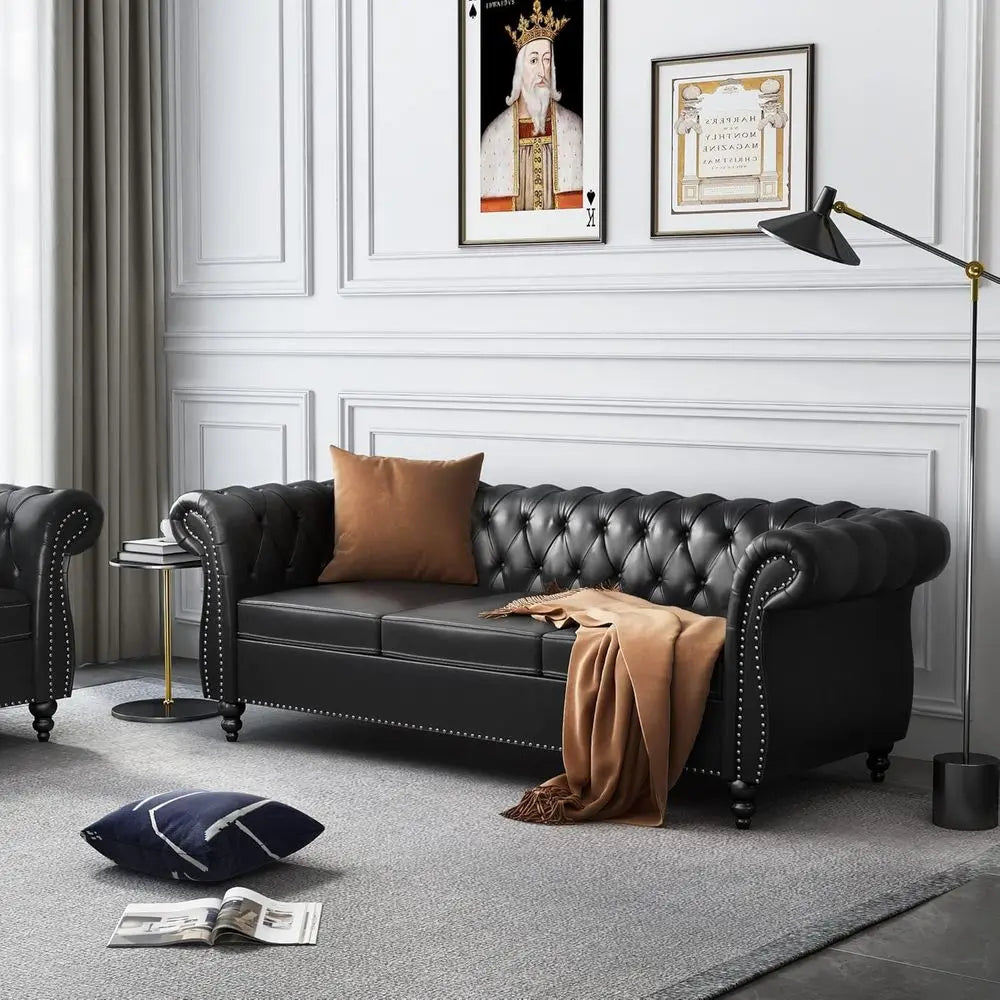 84" Chesterield Soa 3-Seater, Classic Roll Arm PU Leather Couch with Button Tuted Back, Stain Resistant Upholstered Settee Large