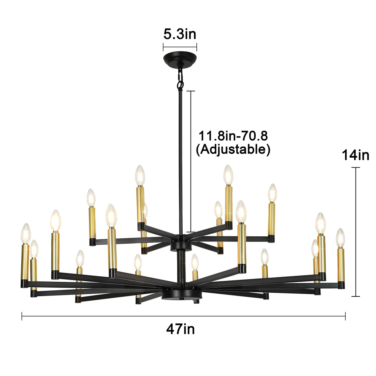 Candle Chandeliers for Dining Room 2-Tiered 18 Light Black and Gold Chandelier Farmhouse Chandelier Height Adjustable