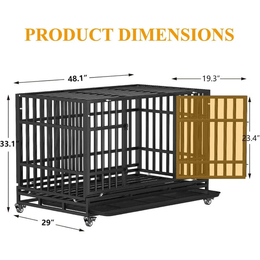 48 Inch Heavy Duty Dog Crates, Escape Proof Dog Cage Large Dogs with Wheels, Indestructible Steel Dog Cage with Upgraded,Customi