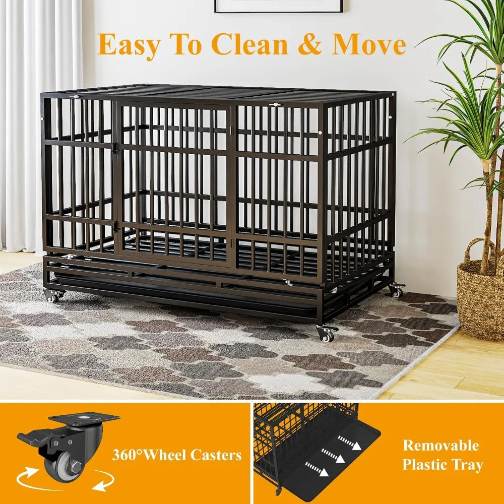 48 Inch Heavy Duty Dog Crates, Escape Proof Dog Cage Large Dogs with Wheels, Indestructible Steel Dog Cage with Upgraded,Customi