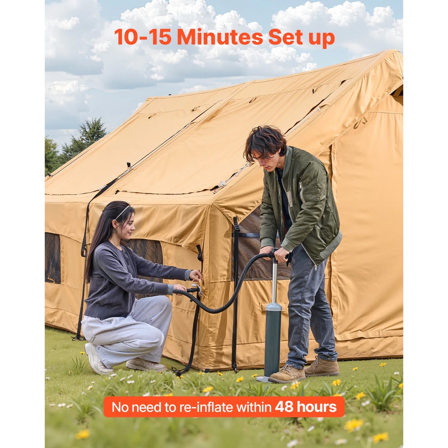 VEVOR Inflatable Tents for Camping Easy Setup Blow up Tent with Hand Pump Glamping Tent with Skylight Stove Jack & Mesh Windows