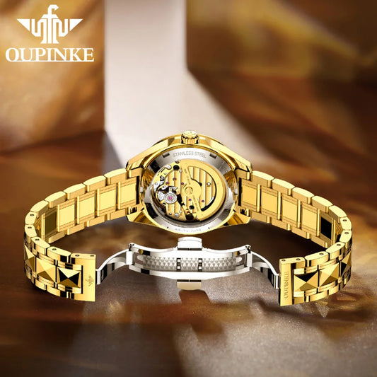 OUPINKE Luxury Brand Women Watches Tungsten Steel Strip Real Gold Real Diamond Fully Automatic Mechanical Female Watch Original