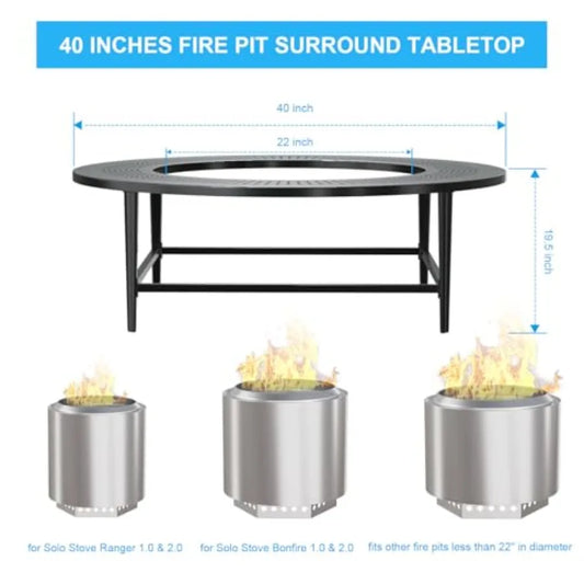 40 Round Outdoor Fire Pit Tabletop with Waterproof Cover for Wood-Burning Stoves Powder-Coated Steel Black Durable and Portable