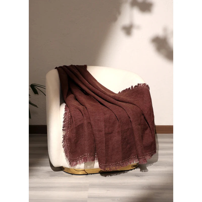 Stonewashed Linen Woven Throw Blanket with Fringe – 52X68