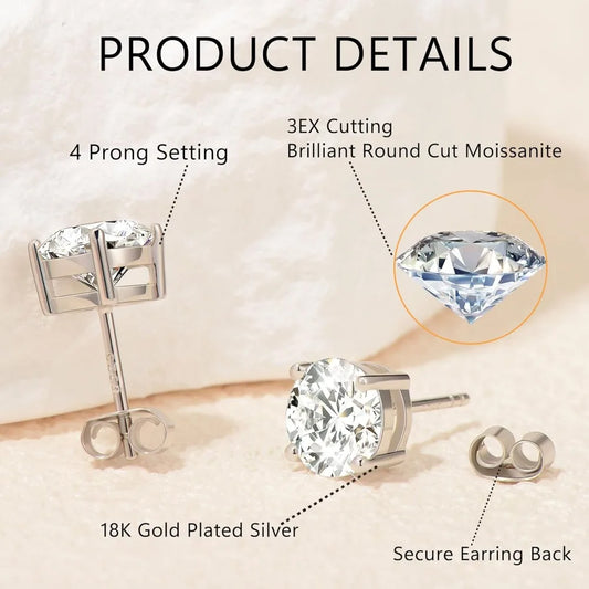 Lab Created Moissanite Earrings, 0.6 to 2 Carats, Brilliant Round Cut, 18K White Gold Plated Sterling Silver, Stud Design