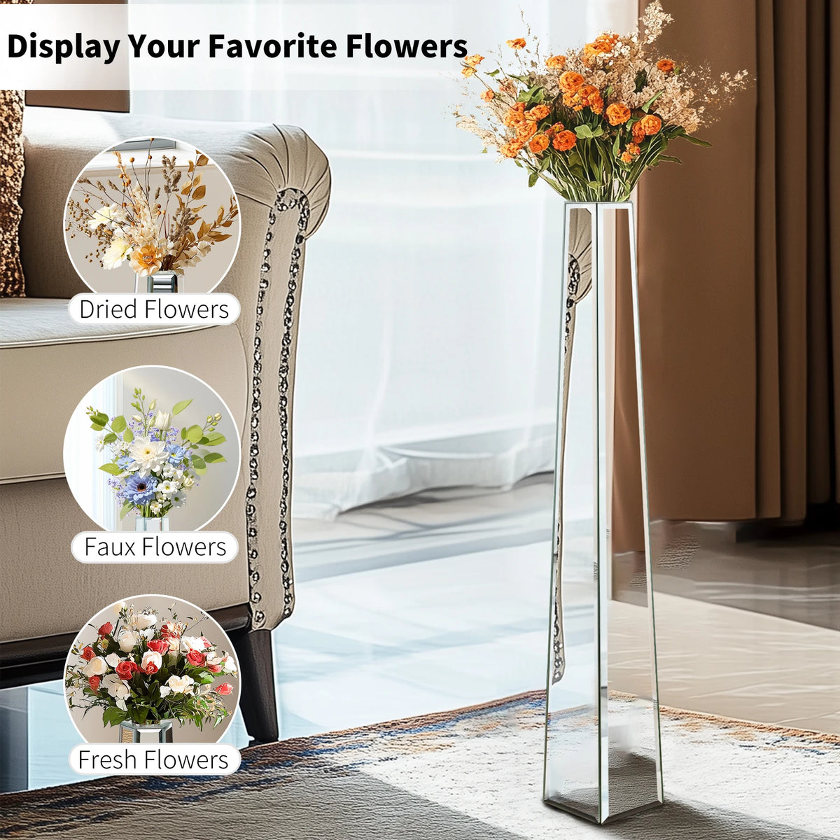 30 Inch Tall Modern Floor Vase Mirrored Glass Large Flower Home Standing Glass Vase Decorative Accessory