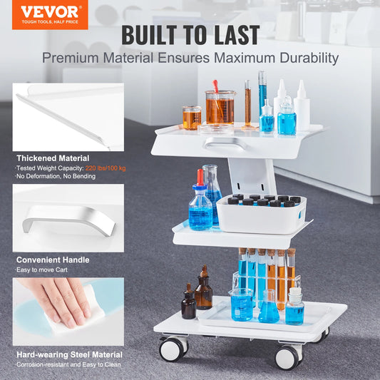 VEVOR Lab Trolley 3-Layer Rolling Cart Metal Mobile Trolley 220 lbs Weight Capacity for Lab Clinic Beauty and Salon