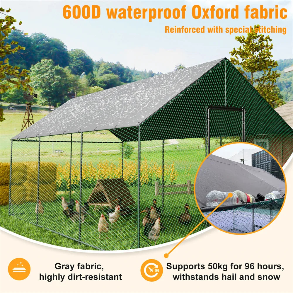 Heavy Duty Upgrade Outdoor Chicken Coop Large Metal Chicken Run Walkin Poultry Habitat Chicken Poultry Cage w/ Waterproof Cover